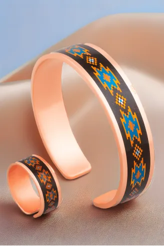 Kadın Bakır Bileklik Yüzük Set - Victoria Model Özel Baskı Metal Kutu Ve Kuvars Taşı