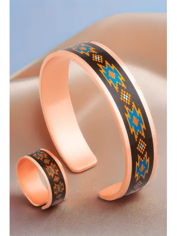 Kadın Bakır Bileklik Yüzük Set - Victoria Model Özel Baskı Metal Kutu Ve Kuvars Taşı