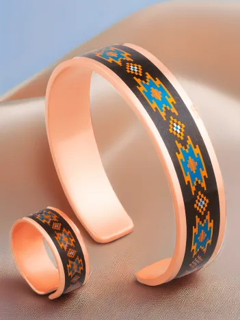 Kadın Bakır Bileklik Yüzük Set - Victoria Model Özel Baskı Metal Kutu Ve Kuvars Taşı