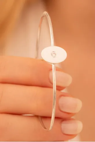 Kadın Gümüş Bileklik - El Yapımı Gümüş Zirkon Taşlı Elips Motifli Kadın Bileklik Kelepçe