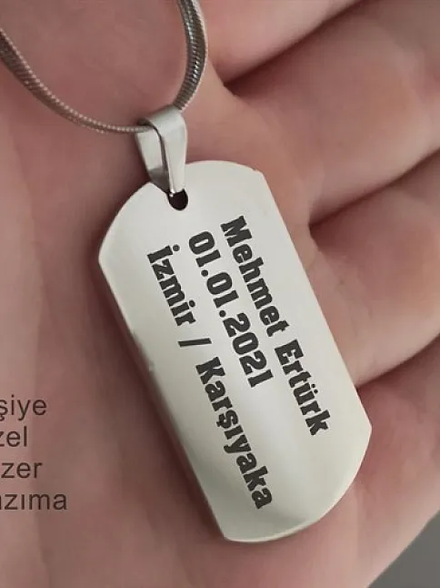 Parlak Paslanmaz Çelik Dogtag İsim Yazılan Asker Künyesi Kolye 5mm