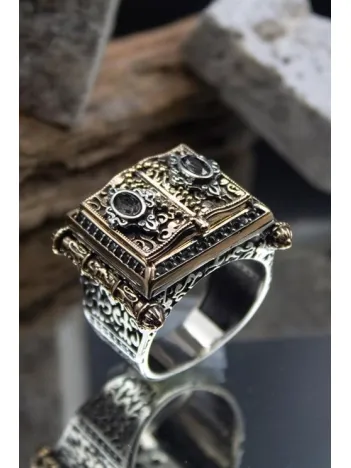 Kitab-ı Kut Zirkon Taşlı Tesbih Motifli Özel Seri Koleksyonluk 925 Ayar Gümüş Erkek Yüzük