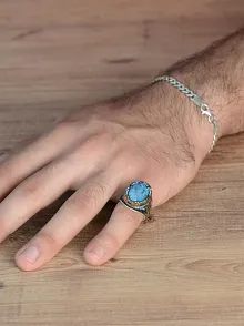 Mavi Paraiba Taşlı Kenarları Zirkon İşlemeli Erkek 925 Ayar Gümüş Yüzük GYZPARBIAYZ-MAV