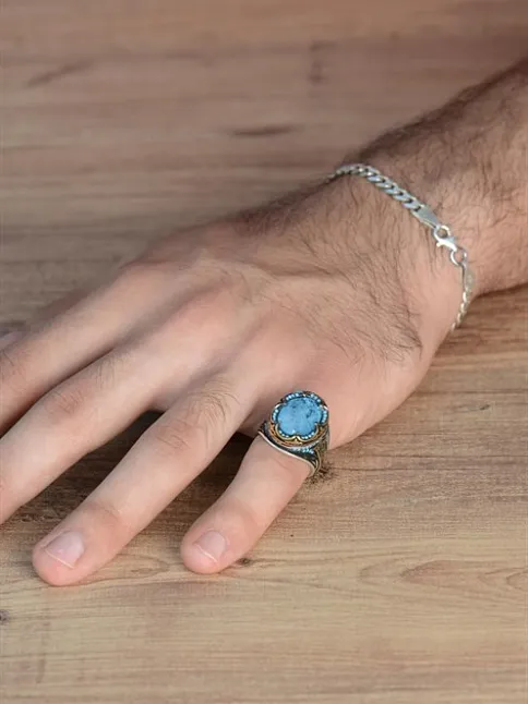 Mavi Paraiba Taşlı Kenarları Zirkon İşlemeli Erkek 925 Ayar Gümüş Yüzük GYZPARBIAYZ-MAV