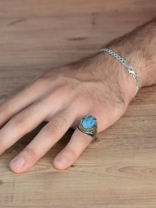 Mavi Paraiba Taşlı Kenarları Zirkon İşlemeli Erkek 925 Ayar Gümüş Yüzük GYZPARBIAYZ-MAV