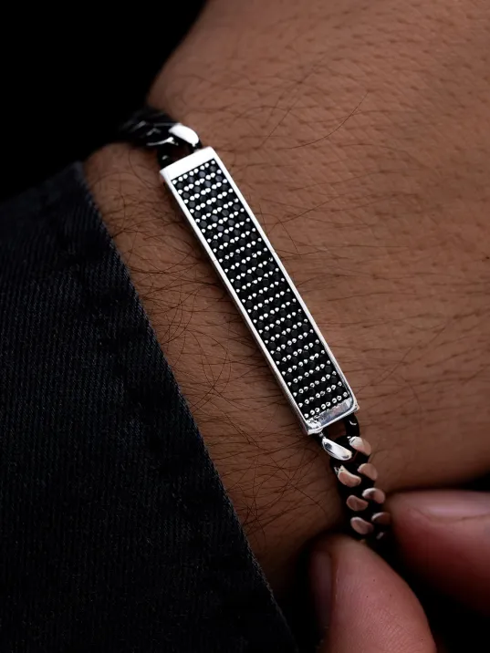 Erkek Gümüş Bileklik -Taç Mahal Oksitli Gurmet Zincir Siyah Zirkon Taşlı Gümüş Bileklik