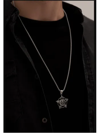 Erkek Kolye - Yıldız Ve Kuru Kafa Model Erkek Çelik Kolye - 316 L Paslanmaz Çelik Kolye