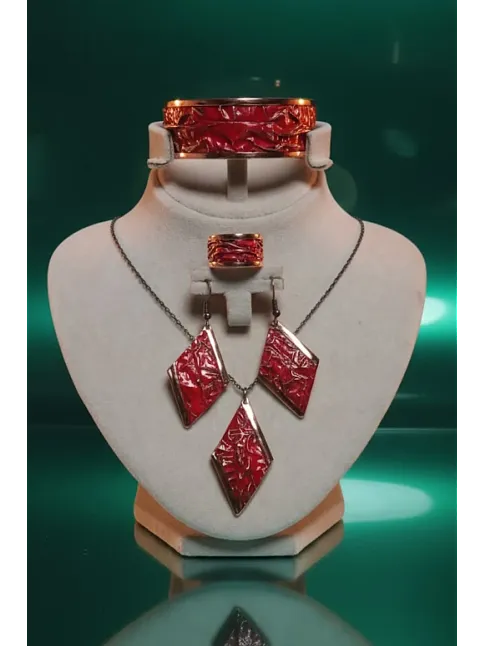 Kadın Bakır Set - Kırmızı Tutkunun Rengi Kalın Model Bakır Kadın Kolye Bileklik Yüzük Küpe Set