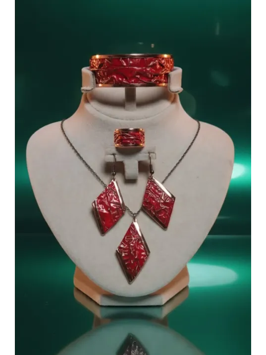 Kadın Bakır Set - Kırmızı Tutkunun Rengi Kalın Model Bakır Kadın Kolye Bileklik Yüzük Küpe Set