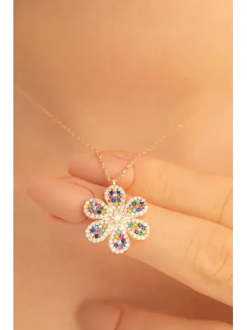 Kadın Gümüş Kolye - Karışık Renkli Çiçek Motifli Gümüş Kolye