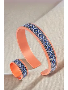 Kadın Bakır Bileklik Yüzük Set - Sabina Model Özel Baskı Metal Kutu Ve Kuvars Taşı