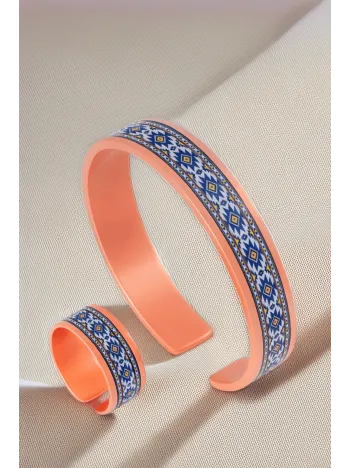 Kadın Bakır Bileklik Yüzük Set - Sabina Model Özel Baskı Metal Kutu Ve Kuvars Taşı