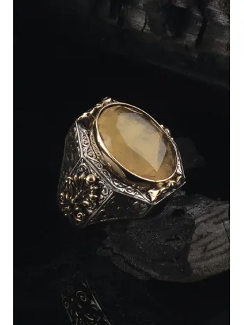 Sarı Parabia Taşlı 925 Ayar Erkek Gümüş Yüzük GYZSARIPARA-GMS