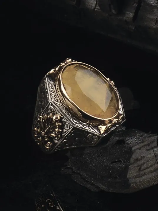 Sarı Parabia Taşlı 925 Ayar Erkek Gümüş Yüzük GYZSARIPARA-GMS