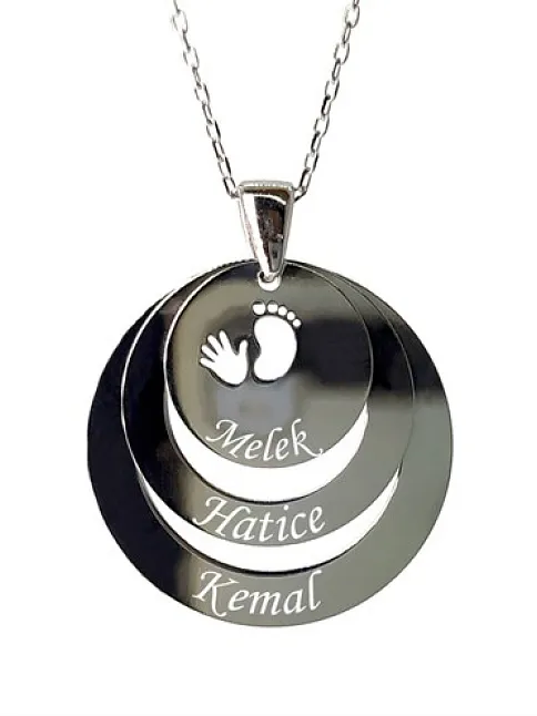 Kişiye Özel 3 İsimli Ayak İzi Bayan Gümüş Kolye