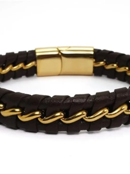 OttoMan Kahverengi Deri Çelik Erkek Bileklik 22k Altın Kaplama