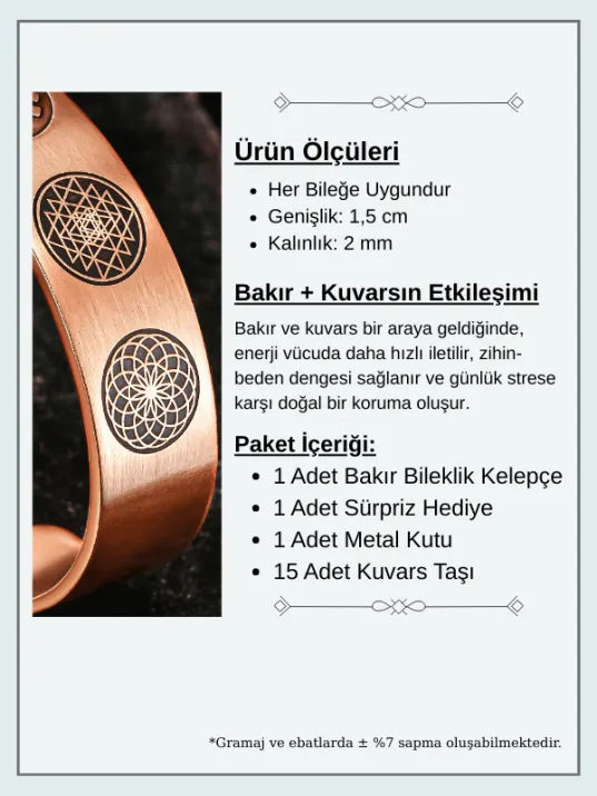 Erkek Bakır Bileklik - Yaşam Çiçeği - Lotus - Sri Yantra - Om Sembolü - Erkek Bakır Kelepçe Bileklik