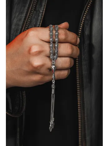 Erkek Tesbih - Nazende Oksitli 925 Ayar Gümüş Erkek Tespih Orta Boy 25gr