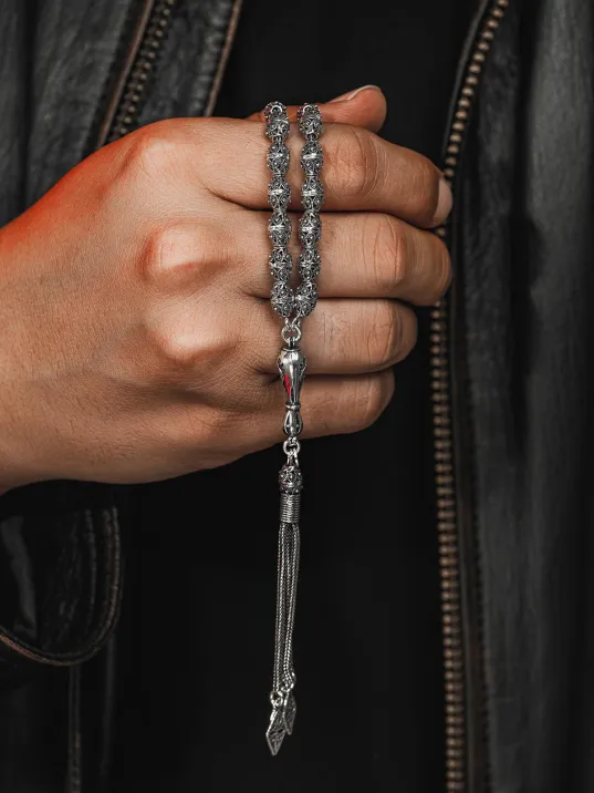 Erkek Tesbih - Nazende Oksitli 925 Ayar Gümüş Erkek Tespih Orta Boy 25gr