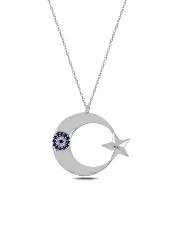 Zirkon Taşlı Nazarlıklı Ay Yıldız Model Kadın Gümüş Kolye GKLAYYLDZM1-GMS
