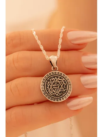 Kadın Gümüş Kolye - Hz. Süleyman Mührü Işlemeli Kadın Kolye