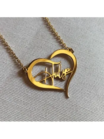 Kişiye Özel Kalp İçinde İmza İsim Yazılan Altın Renk Bayan Gümüş Kolye Zincir GKLALTISIMY