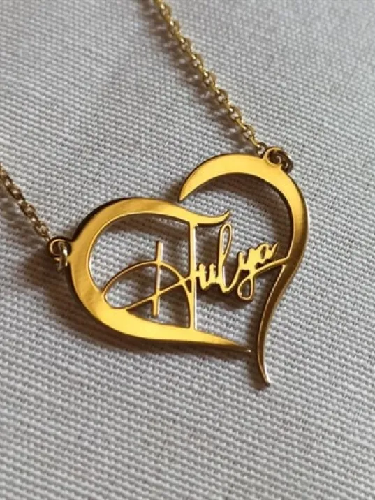 Kişiye Özel Kalp İçinde İmza İsim Yazılan Altın Renk Bayan Gümüş Kolye Zincir GKLALTISIMY
