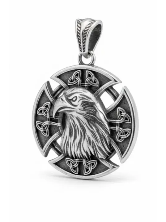 Erkek Gümüş Kolye - 925 Ayar Kabartmalı Kartal Kafası Motifli Tilki Kuyruğu Zincirli Erkek Kolye