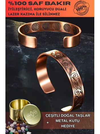 Kadın Erkek Saf Bakır Bileklik Içi Koruma Dualı Gravitür Model Metal Kutu Doğal Taşlar