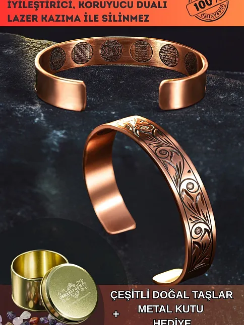 Kadın Erkek Saf Bakır Bileklik Içi Koruma Dualı Gravitür Model Metal Kutu Doğal Taşlar
