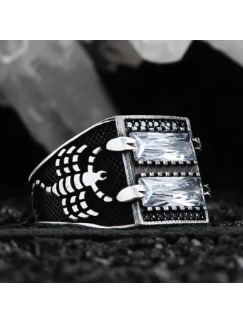 Zirkon Taşlı Akrep Desen İşlemeli Özel Seri Erkek Gümüş Yüzük