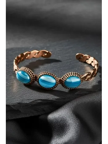 Kadın Bakır Bileklik - Örgü Model 3lü Mavi Akik Taşlı Bakır Bilezik
