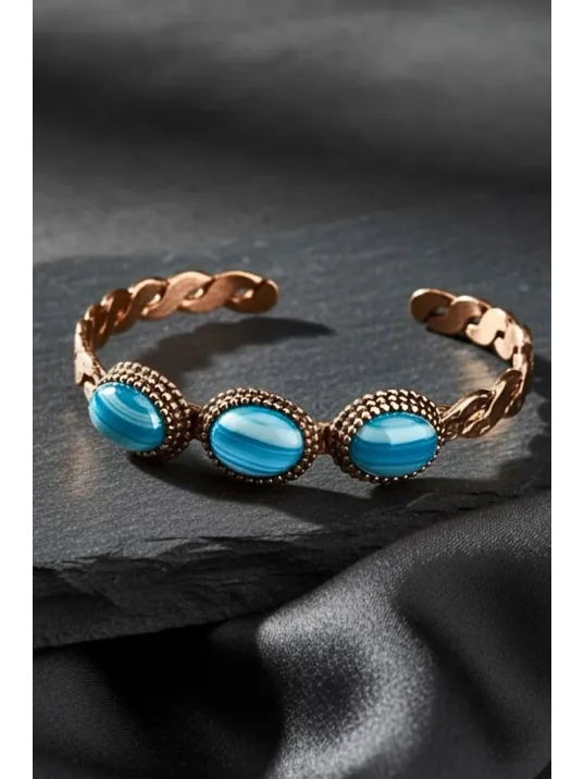 Kadın Bakır Bileklik - Örgü Model 3lü Mavi Akik Taşlı Bakır Bilezik