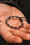 Siyah Hematit Taşlı Gümüş Detaylı Ayarlanabilir Erkek İp Bileklik - Model 6