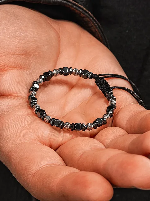 Siyah Hematit Taşlı Gümüş Detaylı Ayarlanabilir Erkek İp Bileklik - Model 6