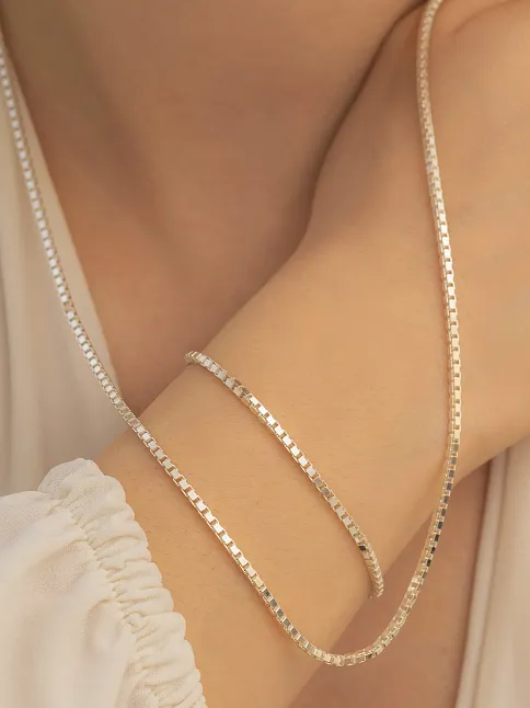 Kadın Gümüş Kolye Bileklik Set - 925 Ayar Küp Zincir Gümüş Set 2mm