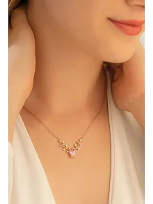 Kadın Gümüş Kolye - Pembe Taşlı Geyik Kafası Motifli Rose Altın Kaplama Gümüş Kolye