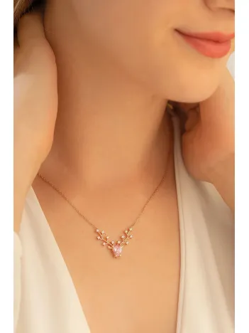 Kadın Gümüş Kolye - Pembe Taşlı Geyik Kafası Motifli Rose Altın Kaplama Gümüş Kolye