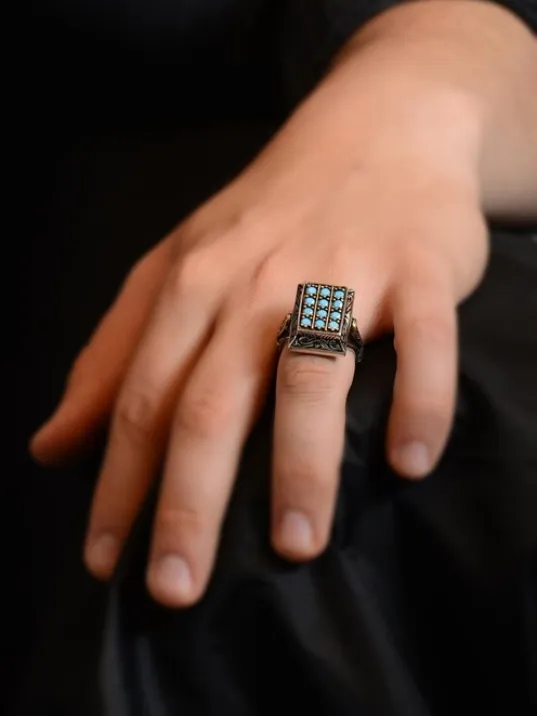 Oniki Turkuaz Taşlı İşlemeli Koleksiyonluk Erkek Gümüş Yüzük