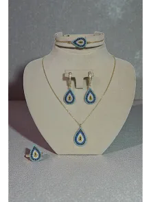 Kadın Gümüş Bileklik Yüzük Kolye Küpe Set - Damla Model Nazar Boncuk Detaylı Zirkon Taşlı Gümüş Set