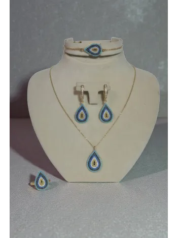 Kadın Gümüş Bileklik Yüzük Kolye Küpe Set - Damla Model Nazar Boncuk Detaylı Zirkon Taşlı Gümüş Set