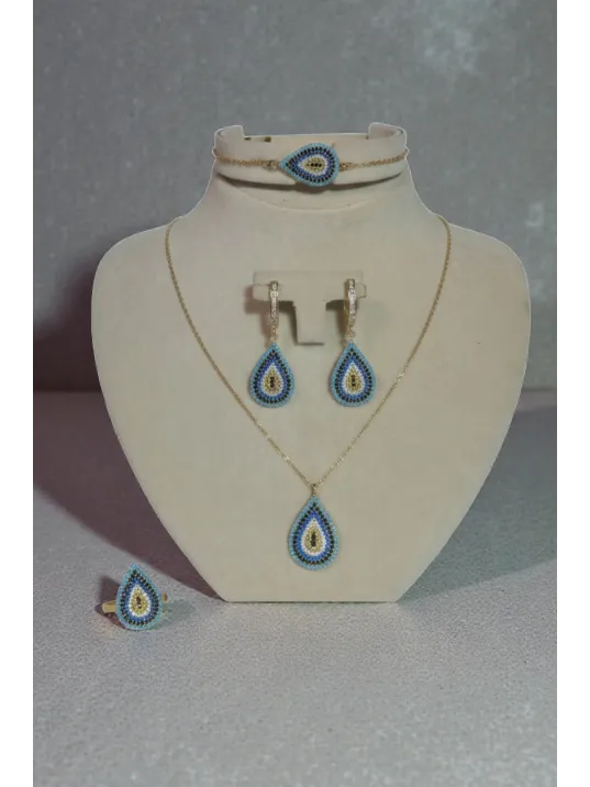 Kadın Gümüş Bileklik Yüzük Kolye Küpe Set - Damla Model Nazar Boncuk Detaylı Zirkon Taşlı Gümüş Set