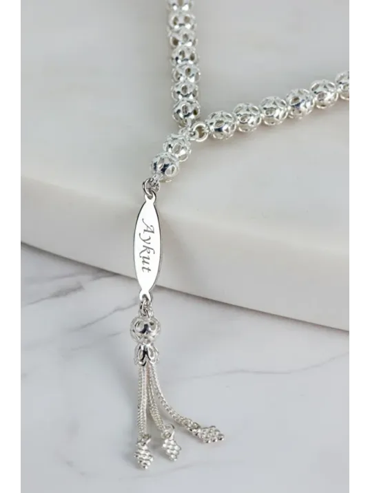 Erkek Gümüş Tespih - Çift Yön İsim Yazılabilir 925 Ayar Delikli Parlak Küre Kesim Tesbih Bilek Boy