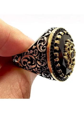 Siyah Zirkon Taşlı Sarmaşık Desenli Gümüş Erkek Yüzük