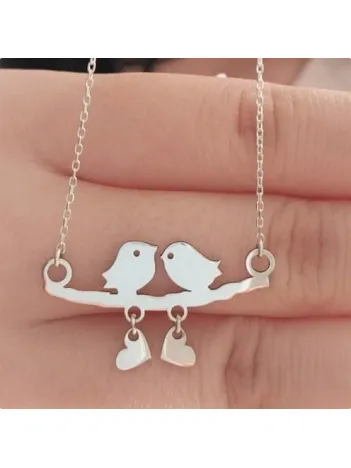 Kadın Dalda Çifte Kuş Model 1 925 Ayar Gümüş Kolye (14 Şubat Sevgililer Günü Hediyesi)