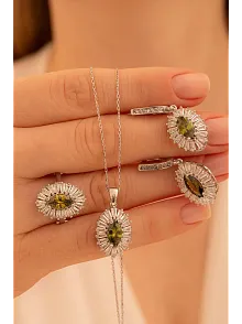 Kadın Gümüş Set - Mekik Model Zultanit Taşlı Baget Süslemeli Rodyumlu Kadın Set