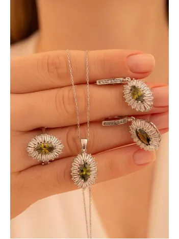 Kadın Gümüş Set - Mekik Model Zultanit Taşlı Baget Süslemeli Rodyumlu Kadın Set