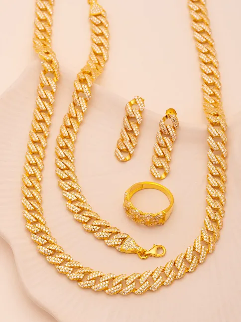 Kadın Gümüş Set - 22 Ayar Gerçek Altın Kaplama Taşlı Gurmet Model Gümüş Set