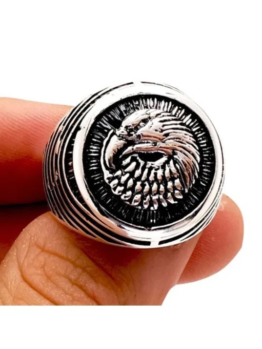 Erkek Gümüş Yüzük - Kartal Figürlü Oval Tasarım Gümüş Erkek Yüzük