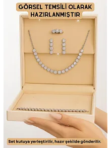 Kadın Gümüş Takı Seti - Serap Yuvarlak Model Zirkon Taşlı Kolye, Bileklik, Yüzük, Küpe Tam Set